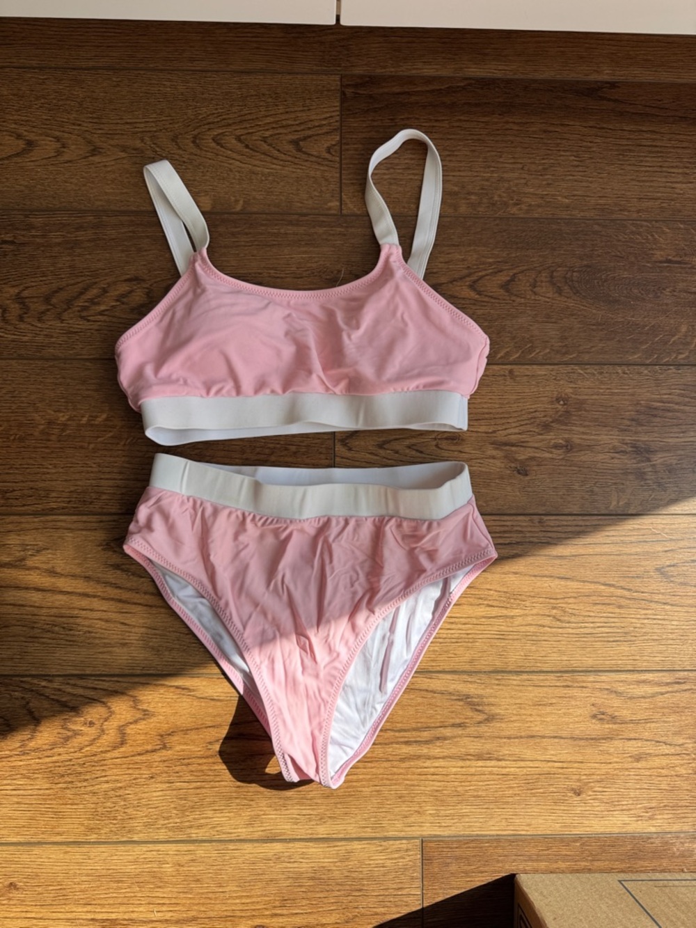 SHEIN Pink Bralette and High-Waist Bikini Set with White Trim